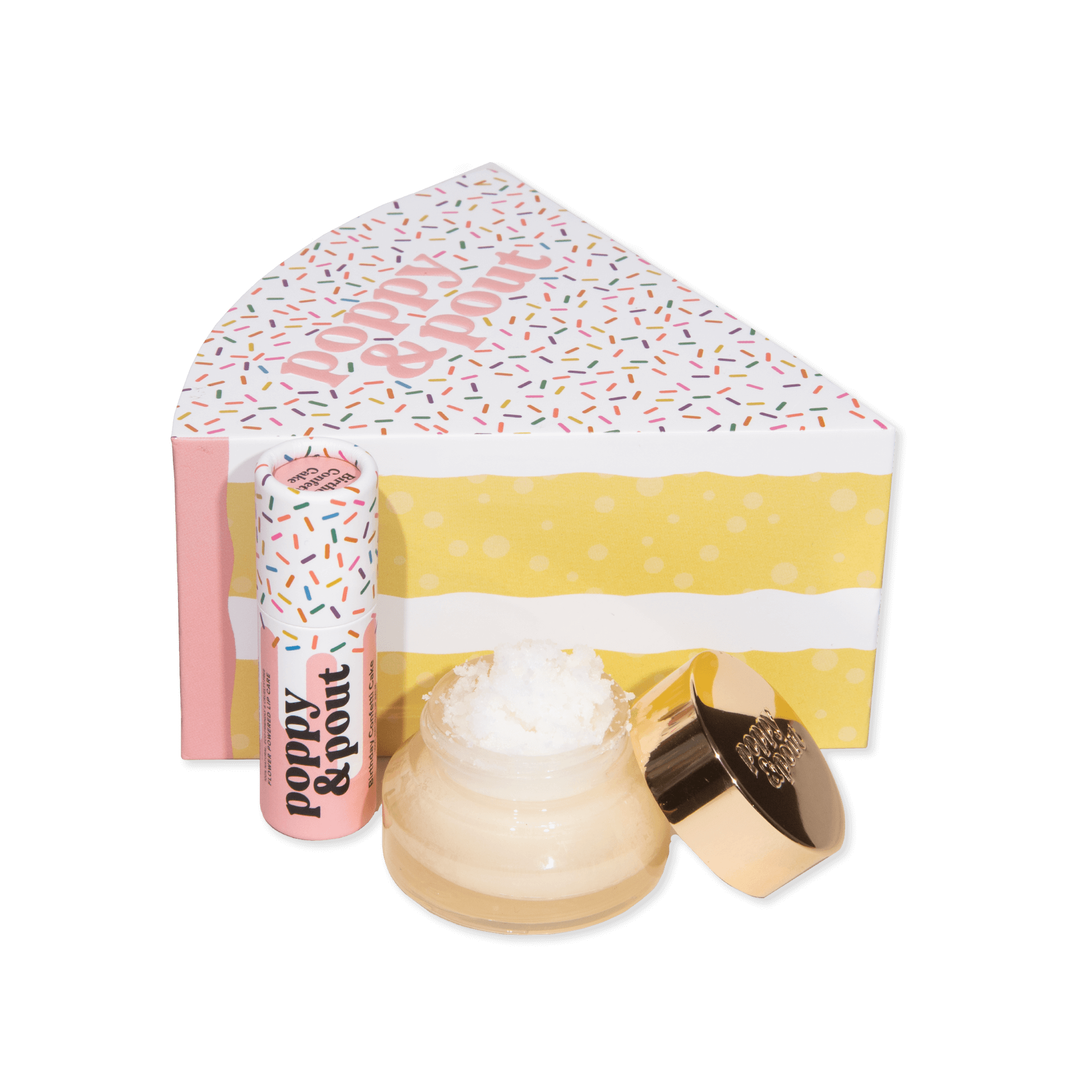 Birthday Confetti Cake gift set with lip balm and lip scrub.