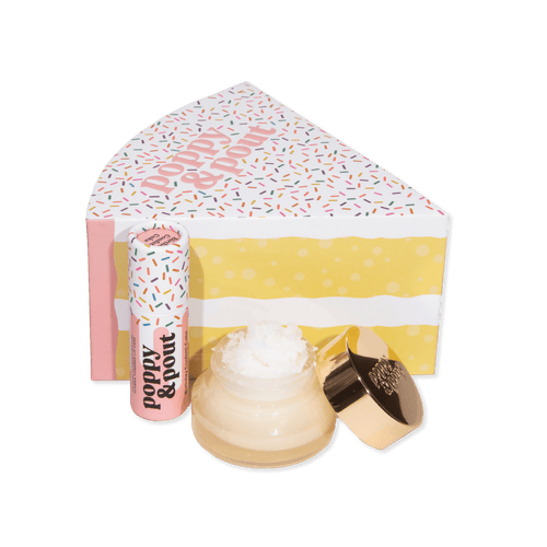 Birthday Confetti Cake gift set with lip balm and lip scrub.