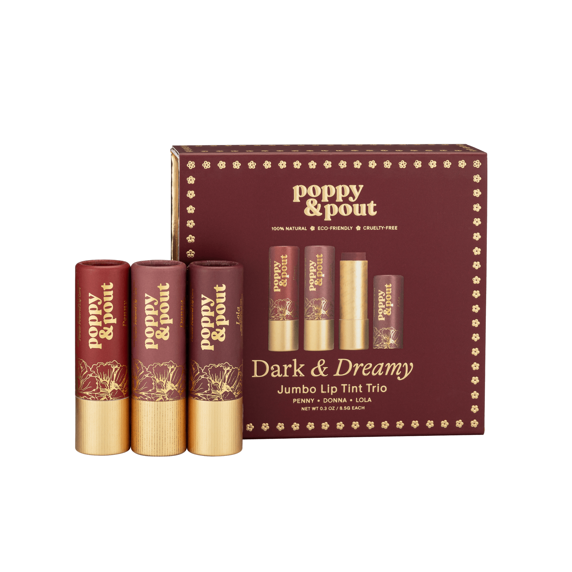 Dark & Dreamy lip tint gift set with lip tints in front of the packaging.