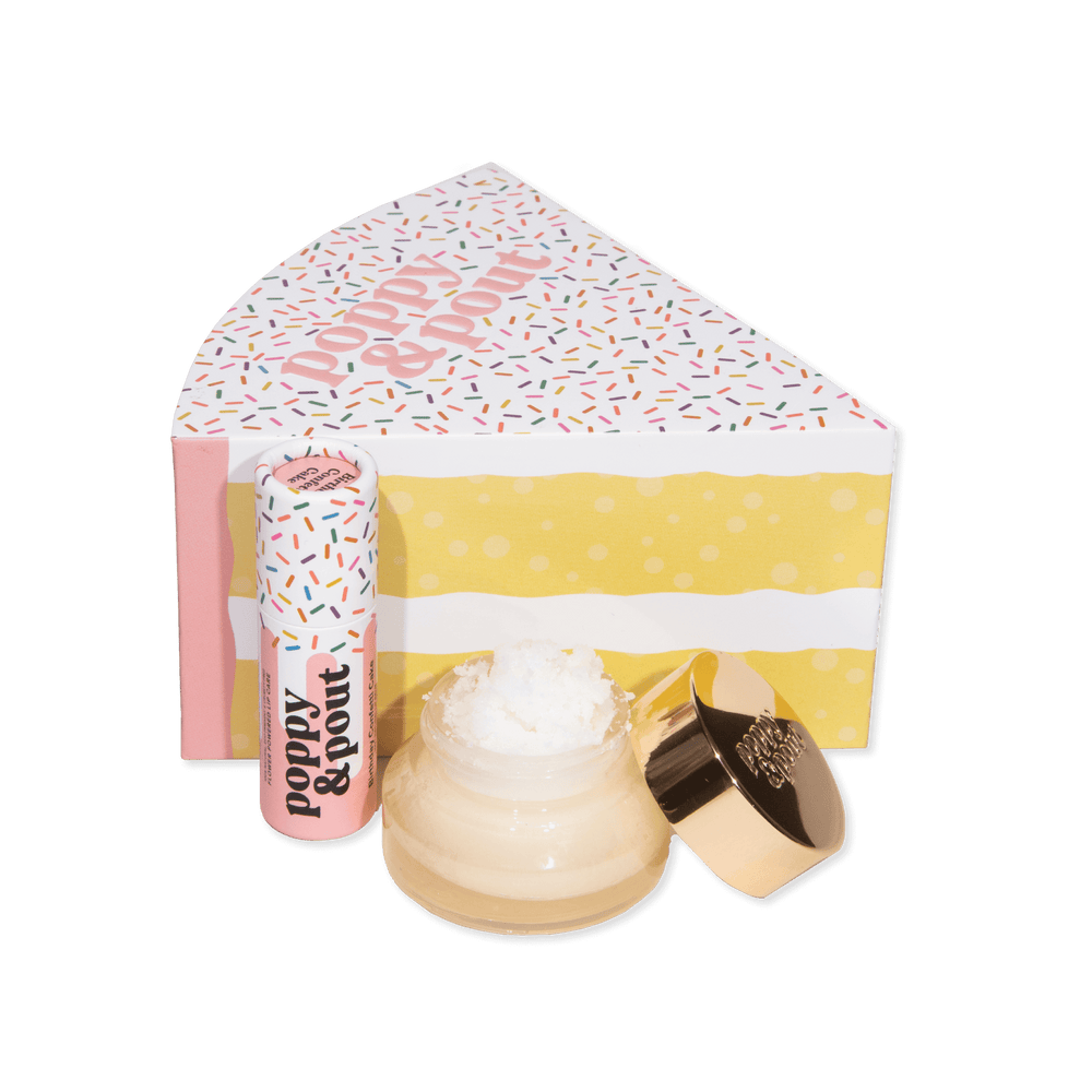 Birthday Confetti Cake gift set with lip balm and lip scrub.