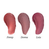 Swatched of Penny, Donna, and Lola lip tints on a white background., 3 of 5