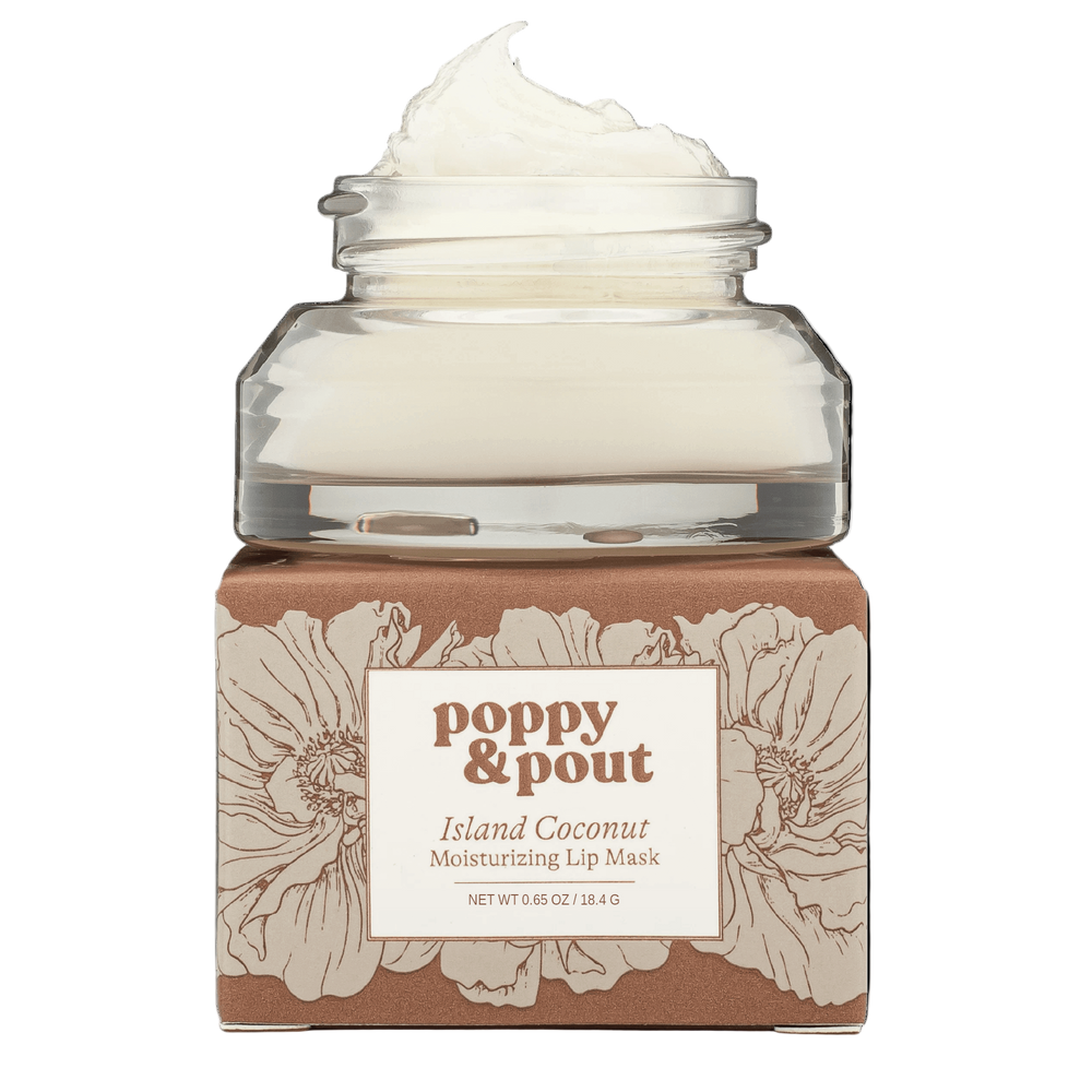 Island Coconut lip mask in tan glass jar on box