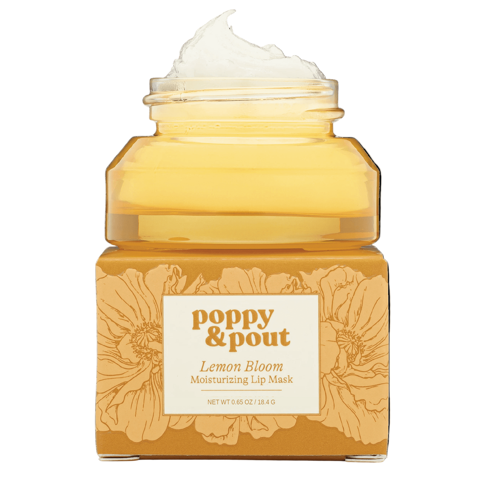 Lemon Bloom lip mask in yellow glass jar on box
