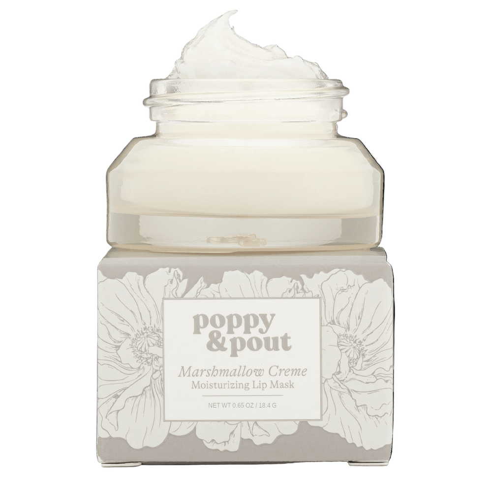Marshmallow Creme lip mask in cream glass jar on box