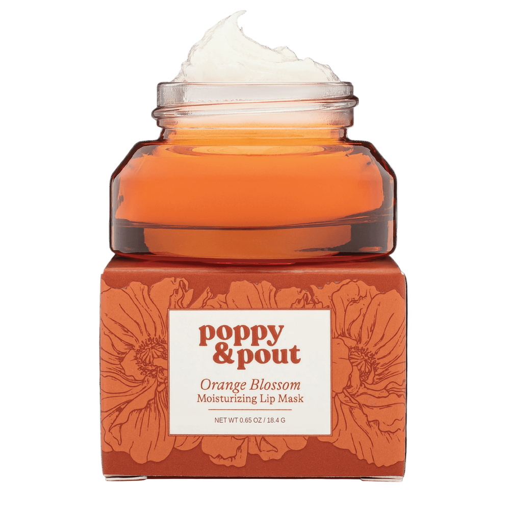 Orange blossom lip mask in orange glass jar on box