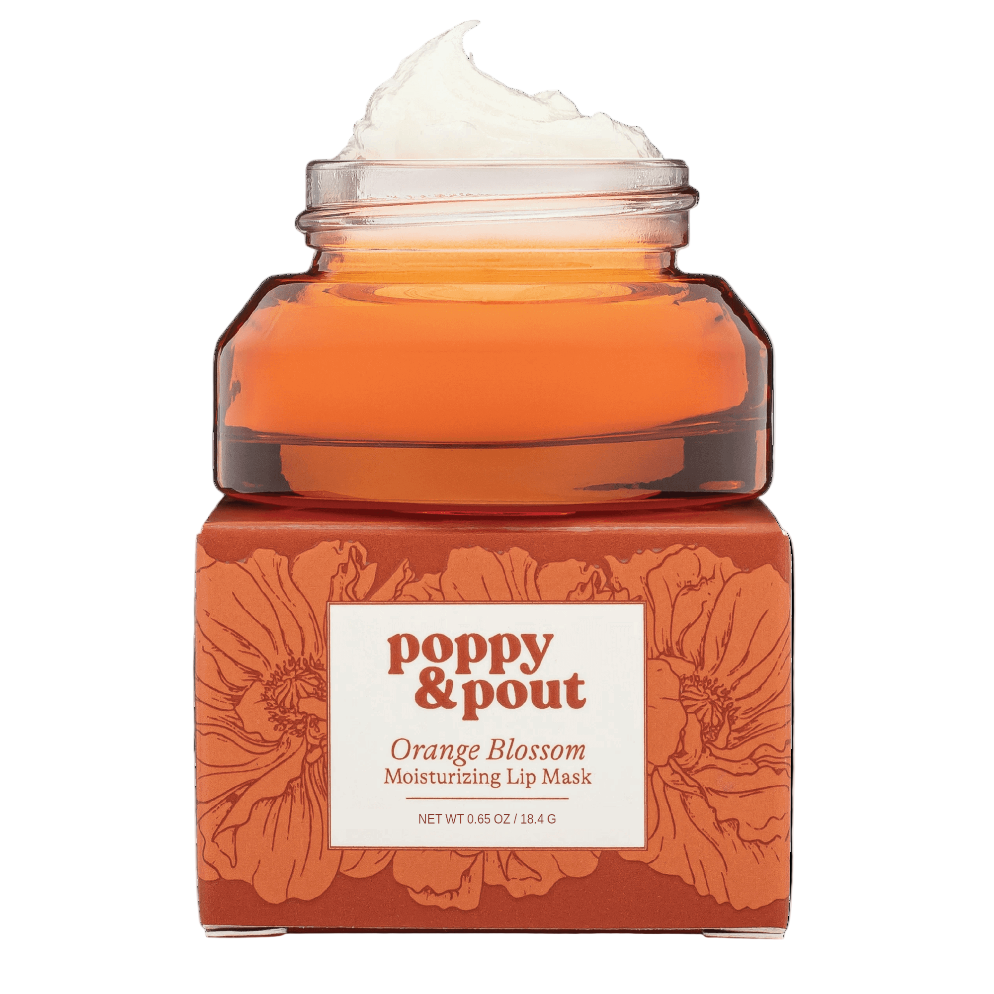 Orange blossom lip mask in orange glass jar on box