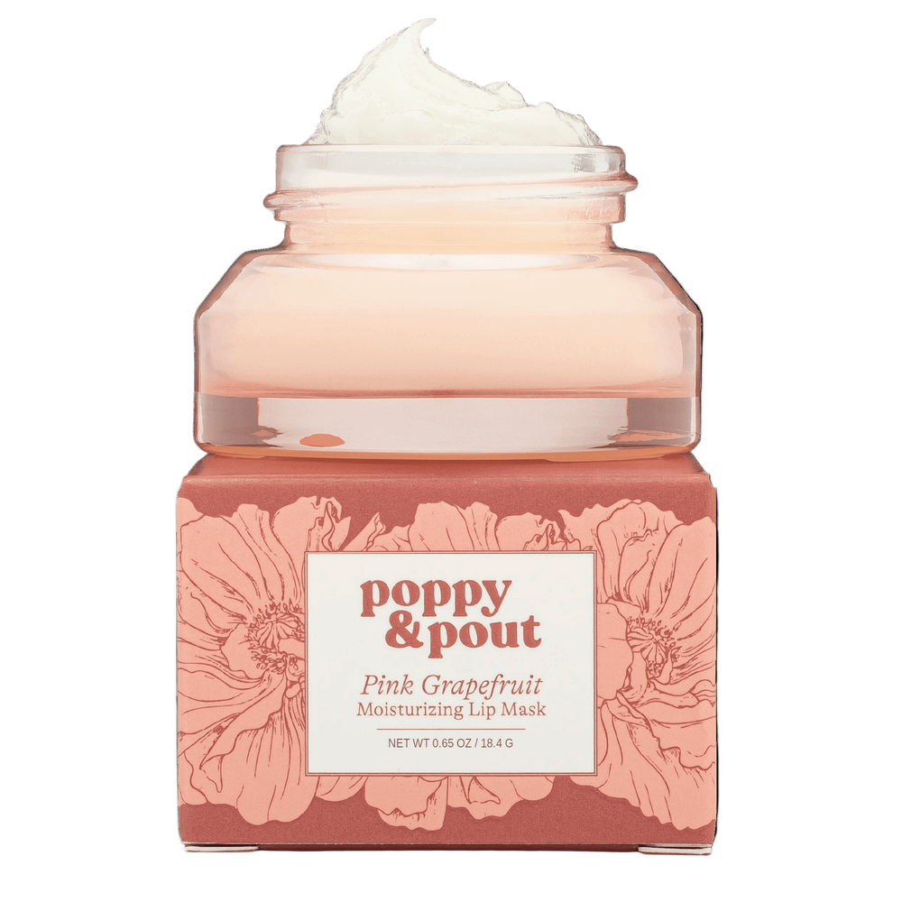 Pink grapefruit lip mask in pink glass jar on box