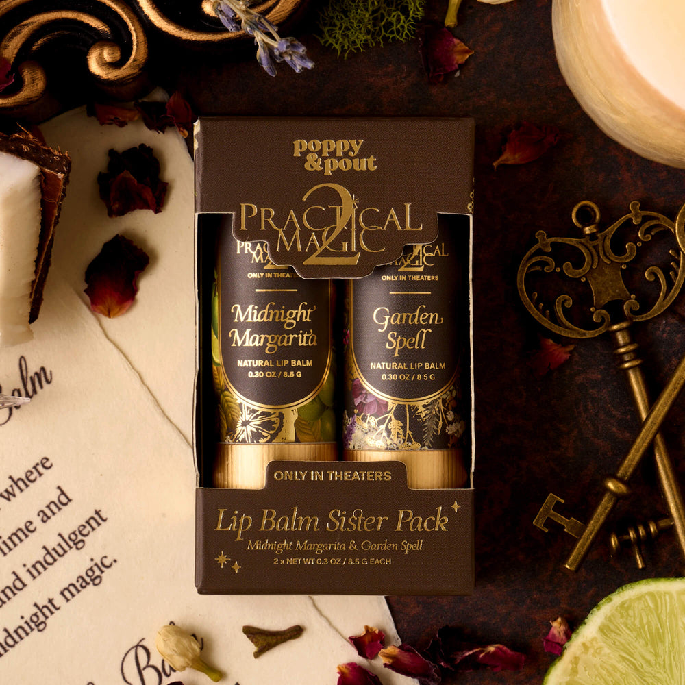 Practical Magic Lip Balm Sister Pack gift set box with two floral lip balm tubes