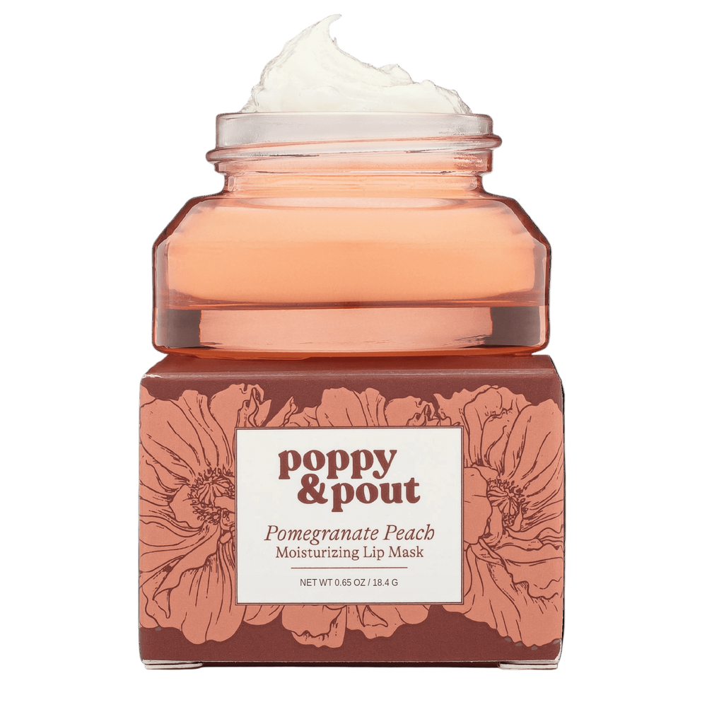 Pomegranate Peach lip mask in pink glass jar on box