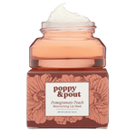 Pomegranate Peach lip mask in pink glass jar on box, 1 of 5