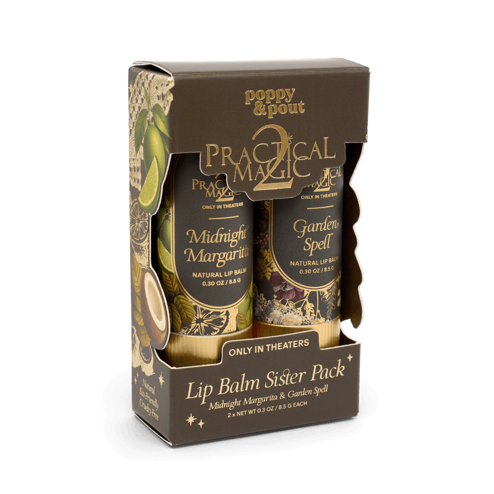 Practical Magic Lip Balm Sister Pack gift box with two floral lip balm tubes