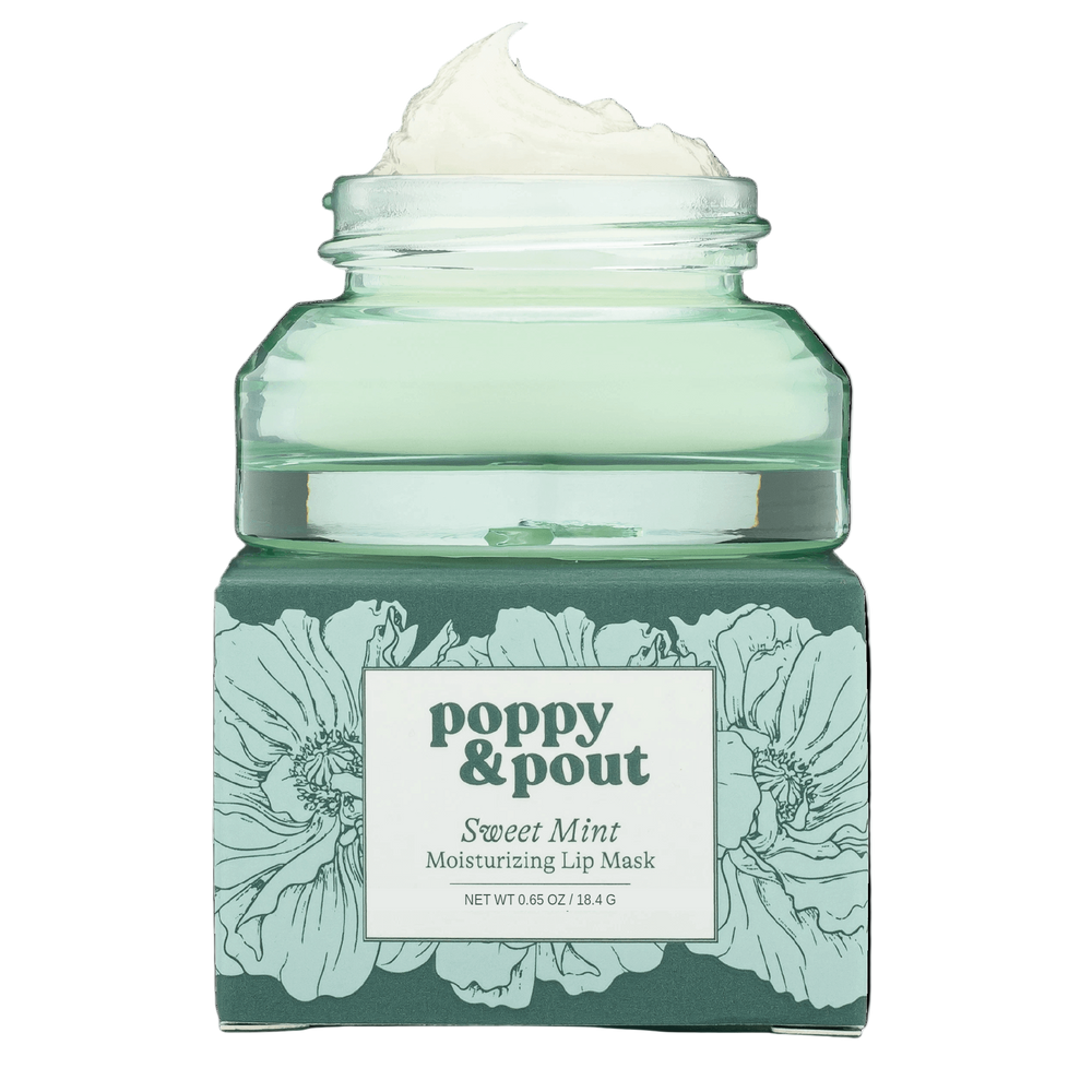 Sweet Mint lip mask green glass jar on box